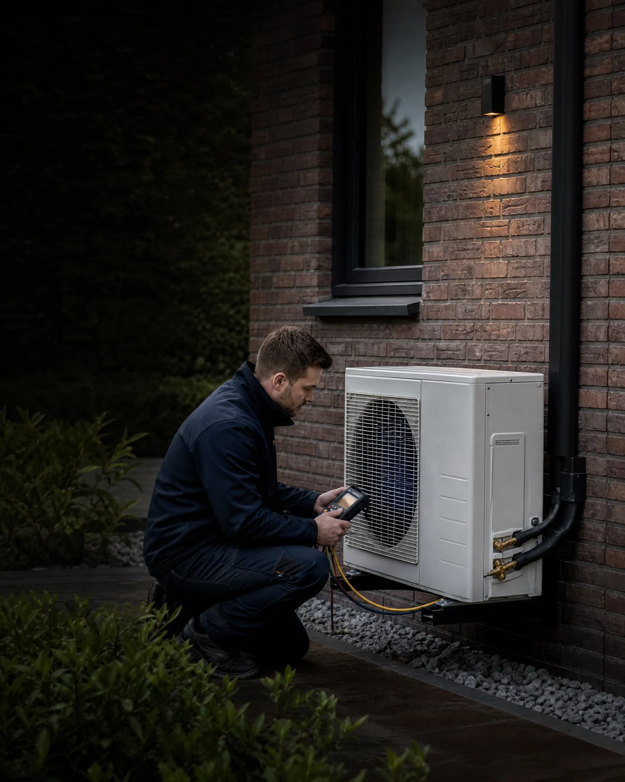 Monteur controleert een professioneel geplaatste airco- en warmtepompinstallatie bij een woning