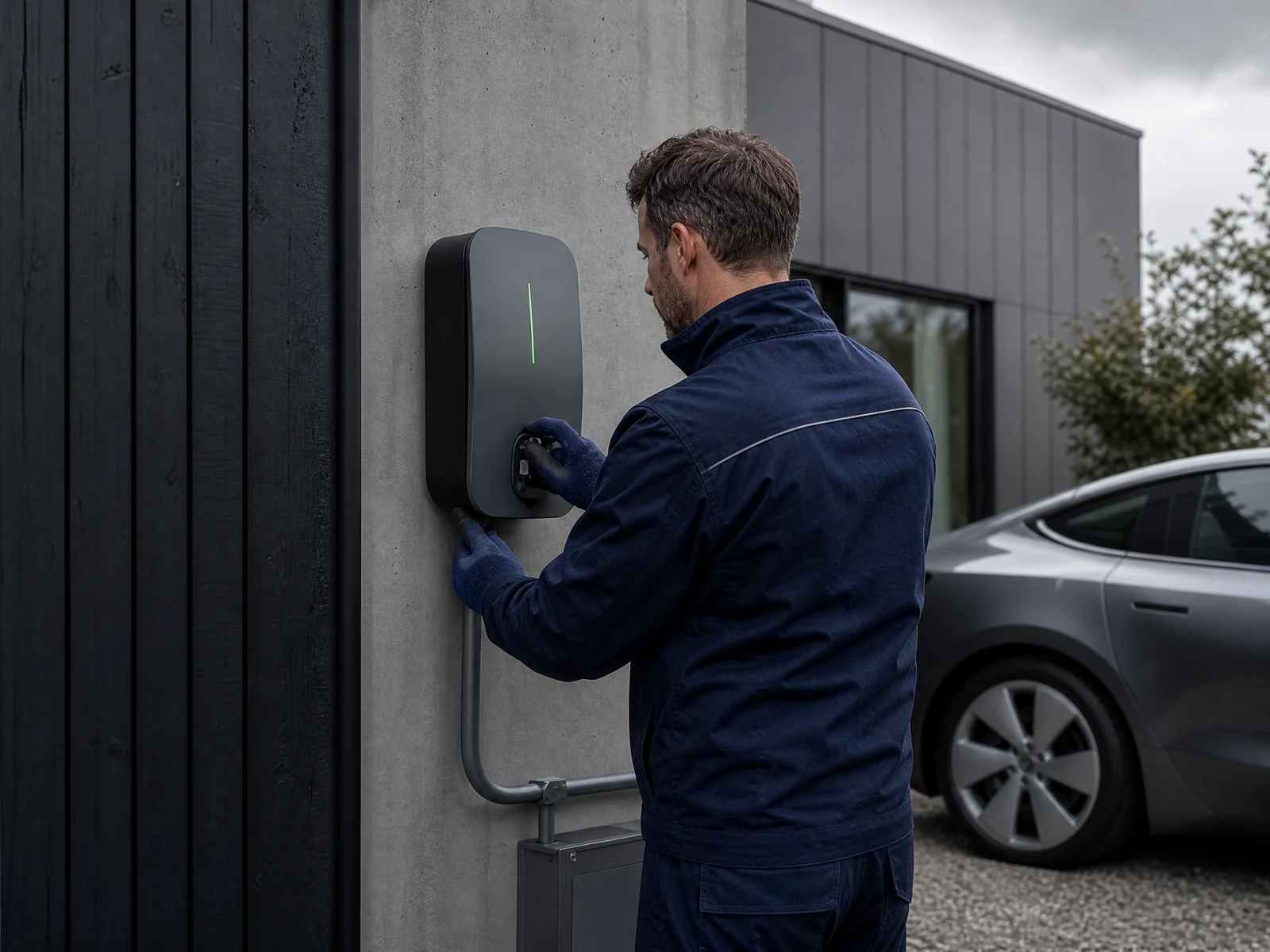 Elektricien installeert en test een laadpaal bij een woning