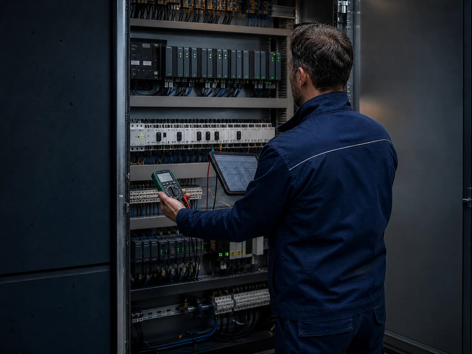 Elektricien diagnosticeert een industriële PLC-besturingskast
