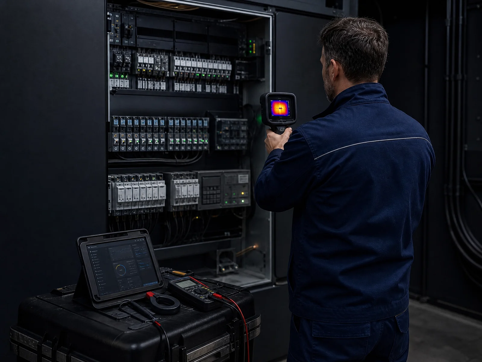 Inspecteur voert een thermografische controle uit aan een elektrische verdeler